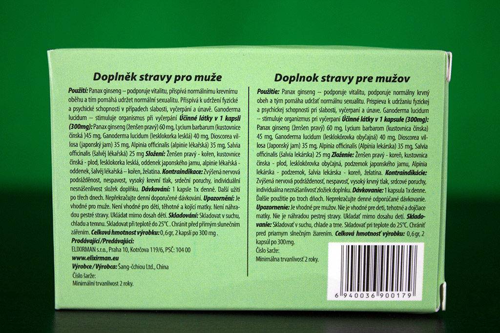 Zadná strana krabičky Elixirmanu - použitie, zloženie a účinné látky, kontraindikácie, dávkovanie